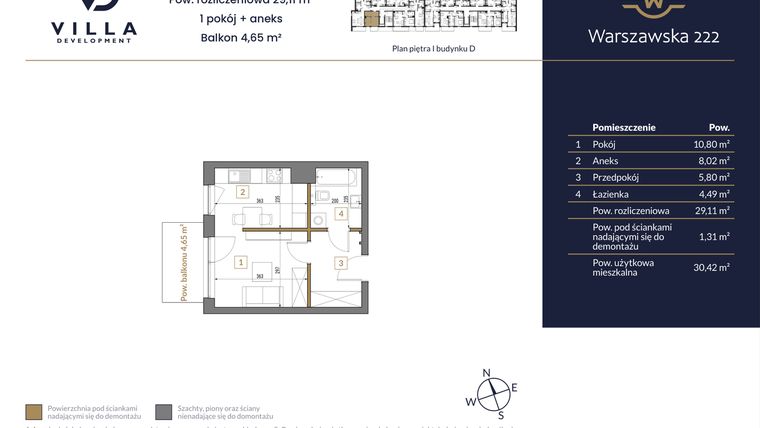 Rzut - Mieszkanie na sprzedaż 1 pokój o powierzchni 29,11 m² - numer 45 w Warszawska 222 bud. D