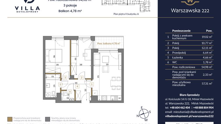 Rzut - Mieszkanie na sprzedaż 3 pokoje o powierzchni 54,98 m² - numer 17A w Warszawska 222