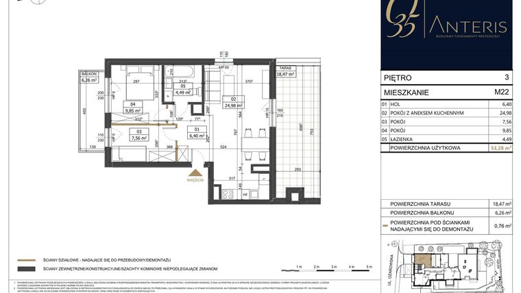 Rzut - Mieszkanie na sprzedaż 3 pokoje o powierzchni 53,28 m² - numer M.22 w Ożarowska 35