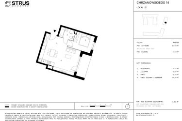 Rzut - Mieszkanie na sprzedaż 2 pokoje o powierzchni 42,5 m² - numer E1 w Podskarbińska 28