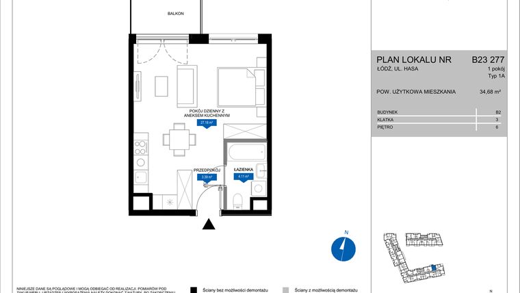 Rzut - Mieszkanie na sprzedaż 1 pokój o powierzchni 34,68 m² - numer B23 277 w Flow - bud. B2 A i bud. B2 B