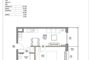 Rzut - Mieszkanie na sprzedaż 2 pokoje o powierzchni 37,84 m² - numer 20 w Rezydencja Liwska 3