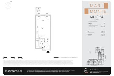 Rzut - Mieszkanie na sprzedaż 1 pokój o powierzchni 30,57 m² - numer MU.3.24 w Marimonte - apartamenty inwestycyjne