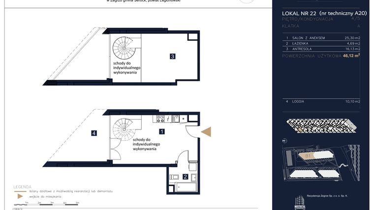 Rzut - Mieszkanie na sprzedaż 1 pokój o powierzchni 46,12 m² - numer A20 w Rezydencja Zegrze etap II