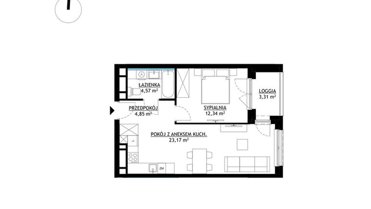 Rzut - Mieszkanie na sprzedaż 2 pokoje o powierzchni 44,93 m² - numer A18 w FUTURO