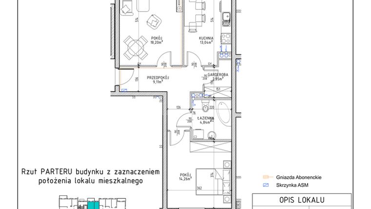 Rzut - Mieszkanie na sprzedaż 2 pokoje o powierzchni 62,3 m² - numer 1 w Osiedle Sady bud. E4