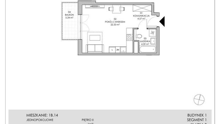 Rzut - Mieszkanie na sprzedaż 1 pokój o powierzchni 31,29 m² - numer 1B.14 w Skwer Harmonia II