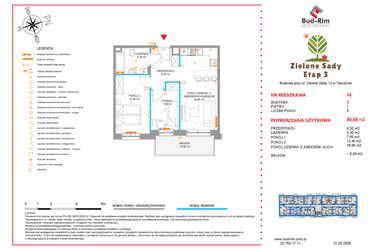 Rzut - Mieszkanie na sprzedaż 3 pokoje o powierzchni 50,55 m² - numer 16 w Zielone Sady etap III B2
