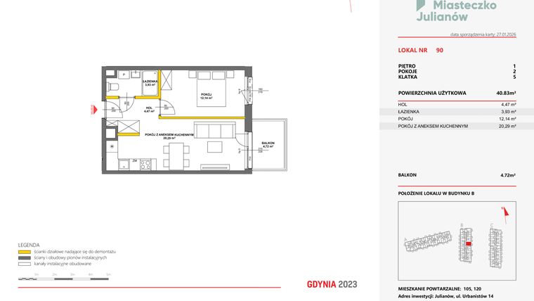 Rzut - Mieszkanie na sprzedaż 2 pokoje o powierzchni 40,69 m² - numer 90 w Miasteczko Julianów