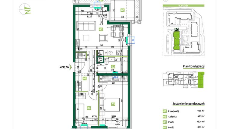 Rzut - Mieszkanie na sprzedaż 3 pokoje o powierzchni 59,92 m² - numer 9C.16 w Zielona Przystań etap II