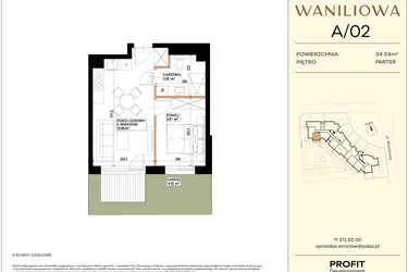Rzut - Mieszkanie na sprzedaż 2 pokoje o powierzchni 34,59 m² - numer WA2/A/02 w Waniliowa
