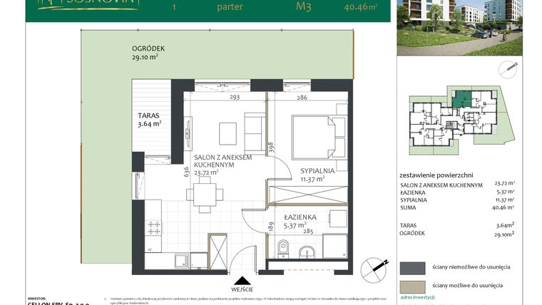 Rzut - Mieszkanie na sprzedaż 2 pokoje o powierzchni 40,46 m² - numer 1.M3 w Sosnovia