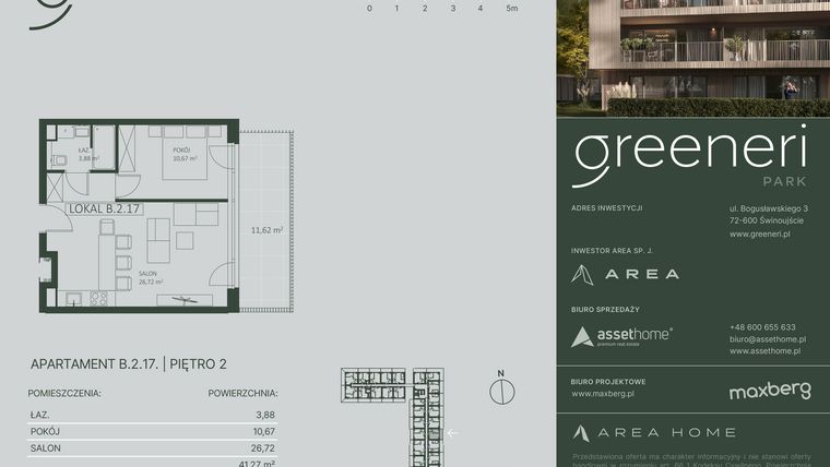 Rzut - Mieszkanie na sprzedaż 2 pokoje o powierzchni 41,27 m² - numer B.2.17 w Greeneri Park