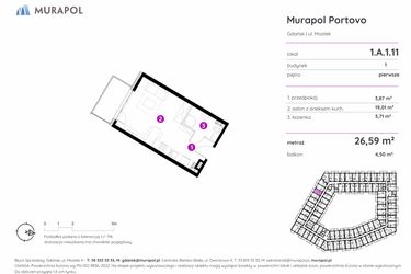 Rzut - Mieszkanie na sprzedaż 1 pokój o powierzchni 26,59 m² - numer 1.A.1.11 w Murapol Portovo etap II