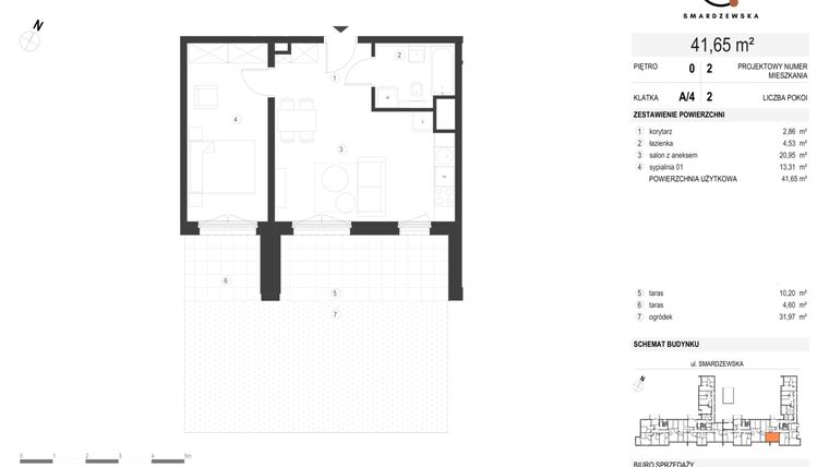 Rzut - Mieszkanie na sprzedaż 2 pokoje o powierzchni 41,65 m² - numer A/4/0.2 w Smardzewska 8