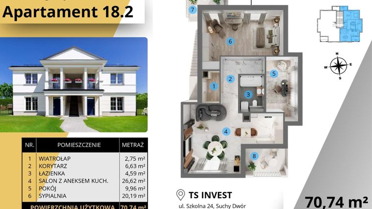 Rzut - Mieszkanie na sprzedaż 3 pokoje o powierzchni 70,96 m² - numer 18.2. w Ogrody Tesoro VI