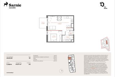 Rzut - Mieszkanie na sprzedaż 2 pokoje o powierzchni 41,07 m² - numer A3-02.02 w Sarnie Osiedle