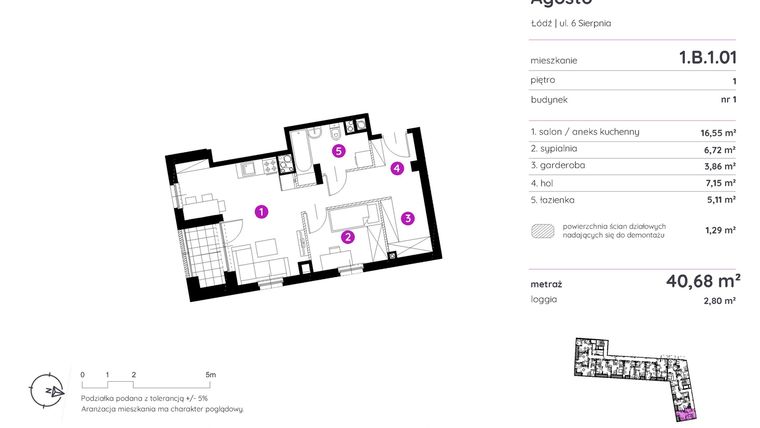 Rzut - Mieszkanie na sprzedaż 2 pokoje o powierzchni 40,65 m² - numer 1.B.1.01 w Murapol Agosto