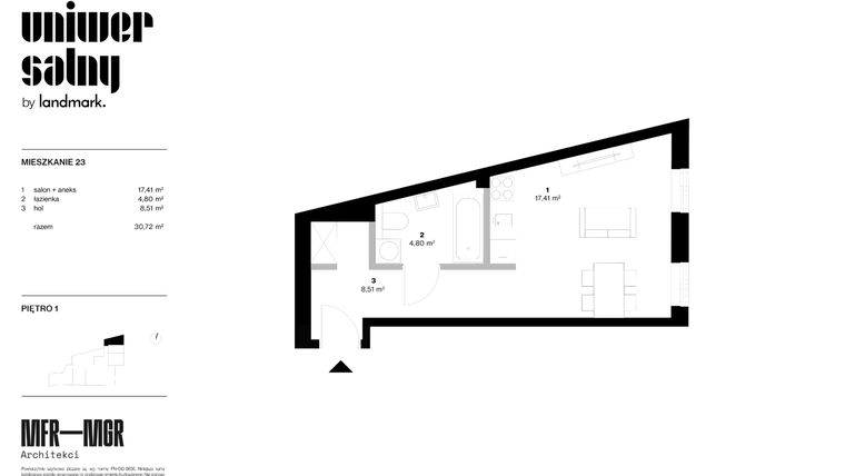 Rzut - Mieszkanie na sprzedaż 1 pokój o powierzchni 30,72 m² - numer 23 w Dom Uniwersalny