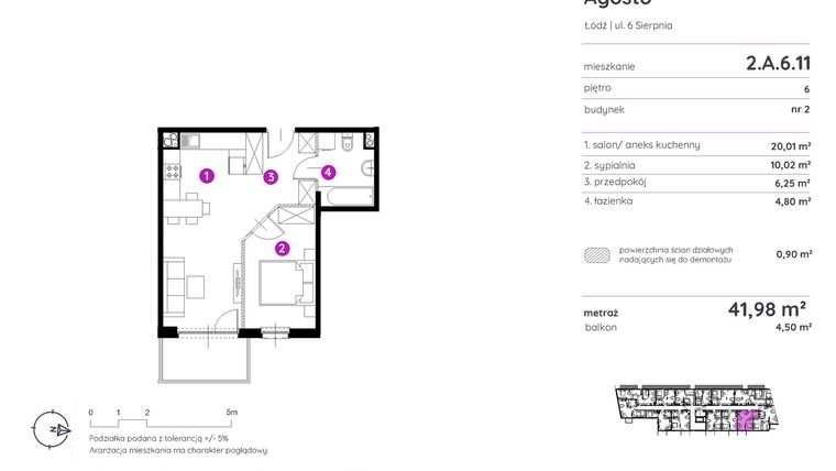 Rzut - Mieszkanie na sprzedaż 2 pokoje o powierzchni 41,85 m² - numer 2.A.6.11 w Murapol Agosto