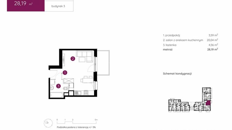 Rzut - Mieszkanie na sprzedaż 1 pokój o powierzchni 28,19 m² - numer 3.A.8.01 w Murapol Urcity
