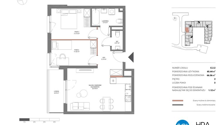 Rzut - Mieszkanie na sprzedaż 3 pokoje o powierzchni 66,72 m² - numer E.2.2 w Łopuszańska 47 - etap 2