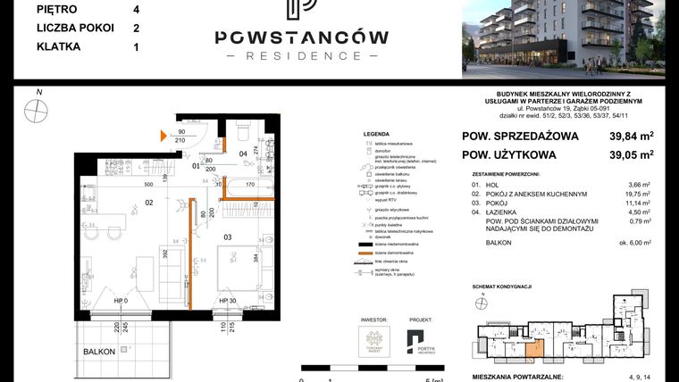 Rzut - Mieszkanie na sprzedaż 2 pokoje o powierzchni 40,11 m² - numer 19 w Powstańców Residence