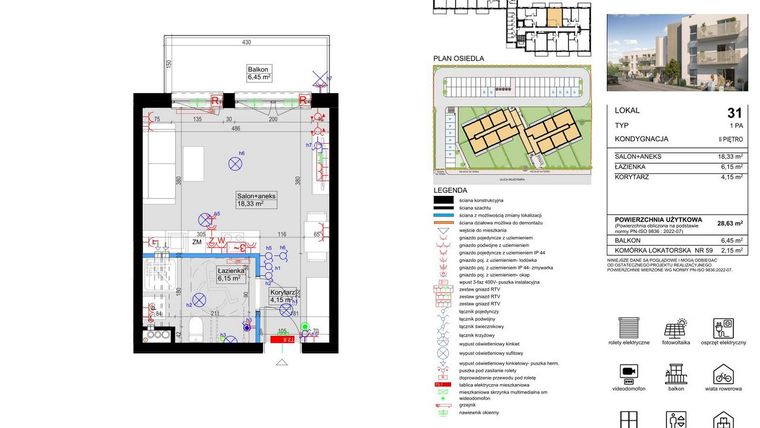 Rzut - Mieszkanie na sprzedaż 1 pokój o powierzchni 28,63 m² - numer 31 w Harmony Antoninek