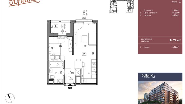 Rzut - Mieszkanie na sprzedaż 1 pokój o powierzchni 34,71 m² - numer G1/99 w Goplana budynek G