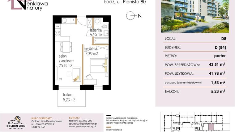 Rzut - Mieszkanie na sprzedaż 2 pokoje o powierzchni 43,51 m² - numer D8 w Enklawa Natury