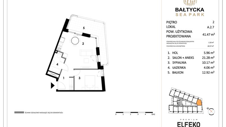 Rzut - Mieszkanie na sprzedaż 2 pokoje o powierzchni 41,47 m² - numer A.2.7 w Bałtycka Sea Park