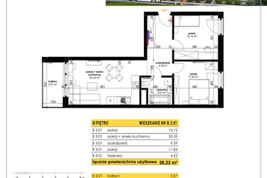 Rzut - Mieszkanie na sprzedaż 3 pokoje o powierzchni 58,23 m² - numer B 3.01 w Park Moniuszki II C