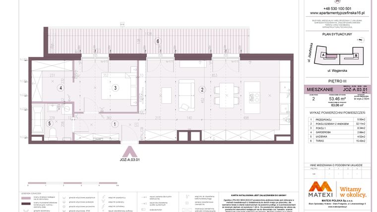 Rzut - Mieszkanie na sprzedaż 2 pokoje o powierzchni 53,46 m² - numer A.03.01 w Apartamenty Józefińska