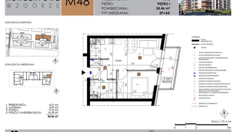 Rzut - Mieszkanie na sprzedaż 2 pokoje o powierzchni 34,46 m² - numer C1_M48 w Koncertowe Wzgórze etap II