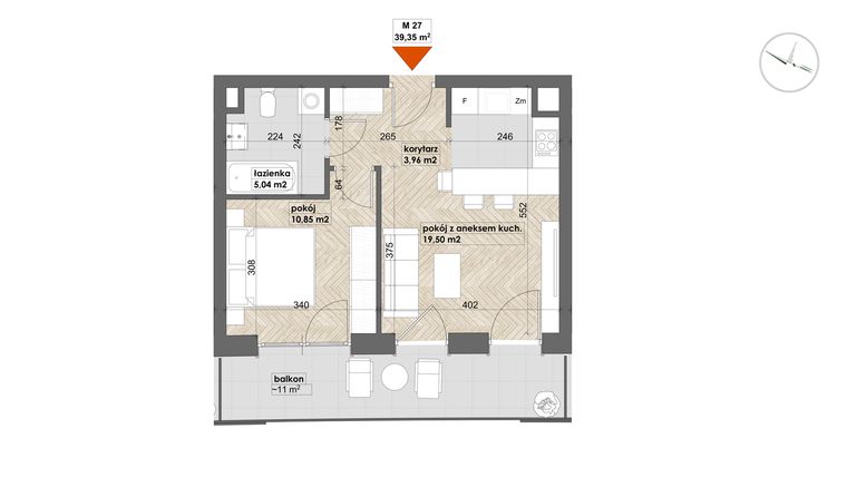 Rzut - Mieszkanie na sprzedaż 2 pokoje o powierzchni 39,35 m² - numer 27 w Apartamenty Śródmieście