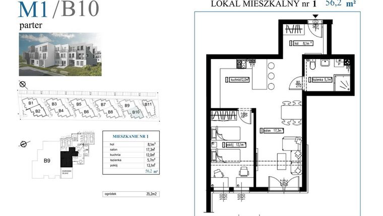 Rzut - Mieszkanie na sprzedaż 2 pokoje o powierzchni 56,2 m² - numer B10M1 w Przystań Rumia