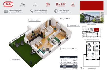 Rzut - Mieszkanie na sprzedaż 2 pokoje o powierzchni 46,24 m² - numer 6 w Tęczowy Zakątek F-14