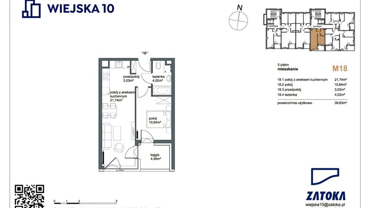 Rzut - Mieszkanie na sprzedaż 2 pokoje o powierzchni 39,63 m² - numer M18 w Wiejska 10
