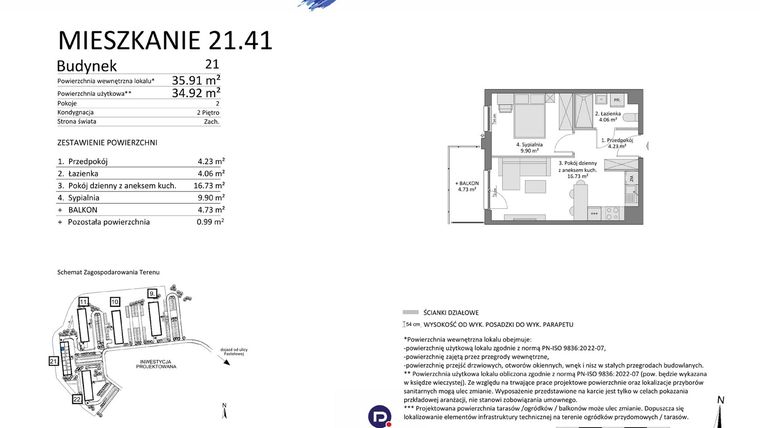 Rzut - Mieszkanie na sprzedaż 2 pokoje o powierzchni 34,92 m² - numer 21.41 w Osiedle Pastelowe etap IV