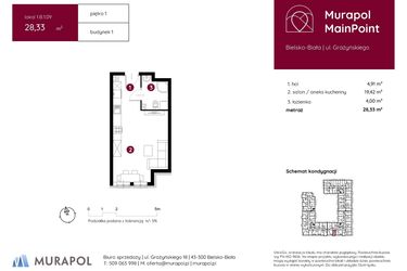 Rzut - Mieszkanie na sprzedaż 1 pokój o powierzchni 28,33 m² - numer 1.B.1.09 w Murapol MainPoint