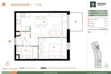 Rzut - Mieszkanie na sprzedaż 2 pokoje o powierzchni 39,76 m² - numer M.01.15 w Casa Feliz Portowa II
