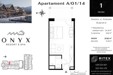 Rzut - Mieszkanie na sprzedaż 1 pokój o powierzchni 27,67 m² - numer 01.A14 w Onyx Resort & Spa
