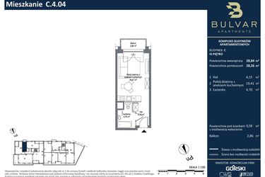 Rzut - Mieszkanie na sprzedaż 1 pokój o powierzchni 28,26 m² - numer C.4.04 w Bulvar Apartments - etap II