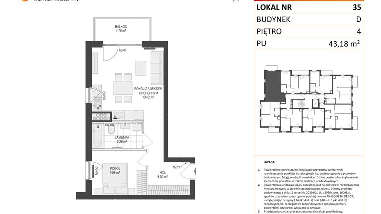Rzut - Mieszkanie na sprzedaż 2 pokoje o powierzchni 48,43 m² - numer D.35 w Osiedle Warszawska etap II
