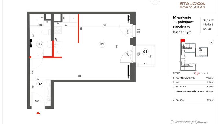 Rzut - Mieszkanie na sprzedaż 1 pokój o powierzchni 39,22 m² - numer 41 w Stalowa Form 43.45