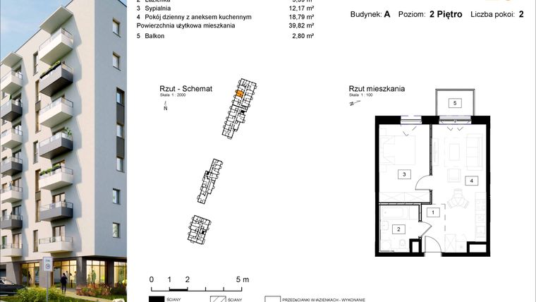 Rzut - Mieszkanie na sprzedaż 2 pokoje o powierzchni 39,97 m² - numer A.28 w Osiedle Kochanowskiego - Gliwice