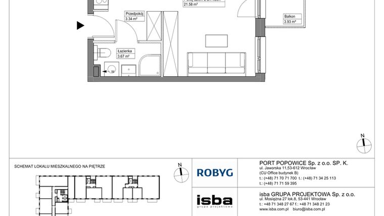 Rzut - Mieszkanie na sprzedaż 1 pokój o powierzchni 28,59 m² - numer PPO/W/A/4/3 w Port Popowice bud. W