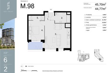 Rzut - Mieszkanie na sprzedaż 2 pokoje o powierzchni 45,7 m² - numer M98 w Sky Trust etap II