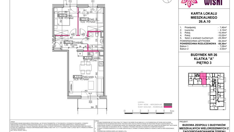Rzut - Mieszkanie na sprzedaż 3 pokoje o powierzchni 58,06 m² - numer 26.A.10 w Cicha Łąka IV