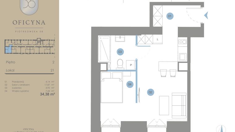 Rzut - Mieszkanie na sprzedaż 1 pokój o powierzchni 34,38 m² - numer 21 w Oficyna - Apart Hotel